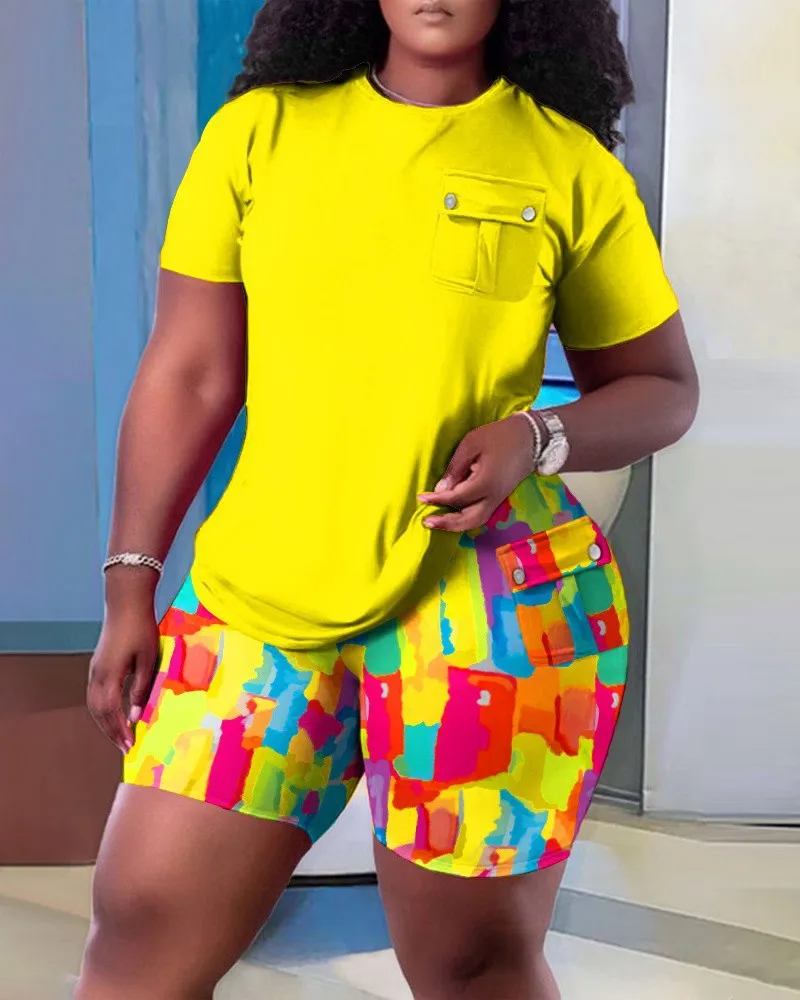 Casual Women's Tees+Shorts 2 Piece Sets 2023 Summer Fashion Solid Short Sleeve Home Patch Bag Tops Pants Suit S-XXXL