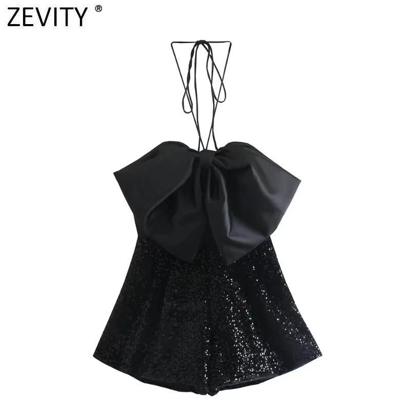 

Zevity женские сексуальные блестящие пляжные костюмы с бантом и лямкой на шее, женские шорты на молнии с открытой спиной, сиамские шикарные пов...