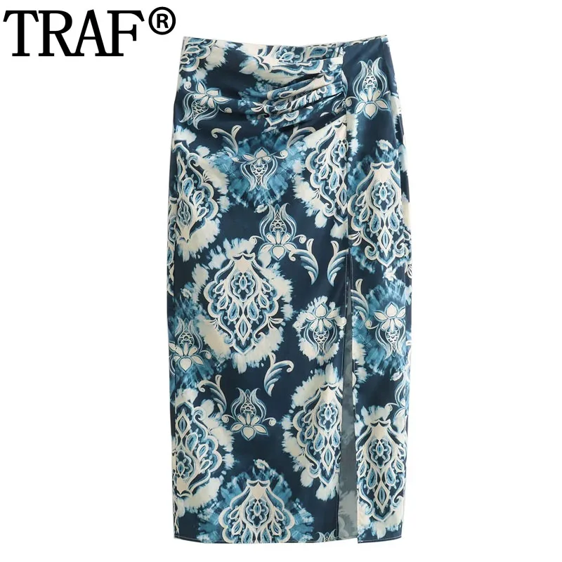 

TRAF Womens 2023 Print Long Skirts For Women High Waist Pleated Skirt Summer Chic And Elegant Woman Skirt Ruched Slit Midi Skirt