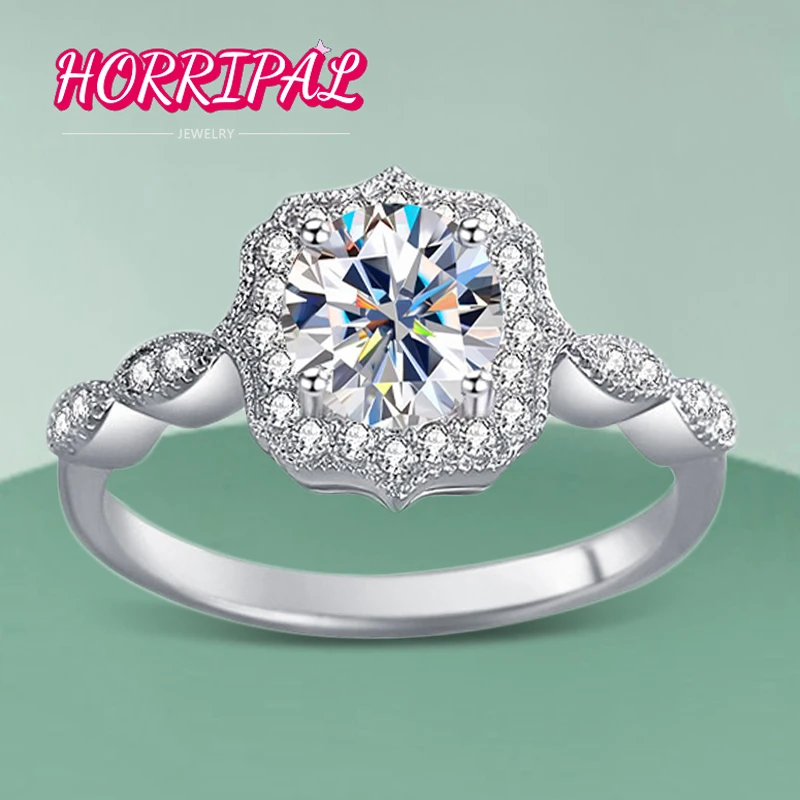 

HORRIPAL D Color 1ct Round Moissanite Ring S925 Silver 18k Platinum Plated Luxury Jewelry Certified Gem Wedding Ring For Woman