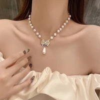 trendy imitation pearl hand beaded pendant necklace for women bow choker clavicle chain girls neck accessories collier de perles