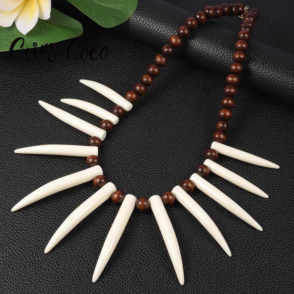 

Hawaiian Jewelry Necklace Wood Pearl Resin Pendants Shark Teeth Ceremonial Fiafia Bead Necklaces Samoan Ula Nifo for Women Men