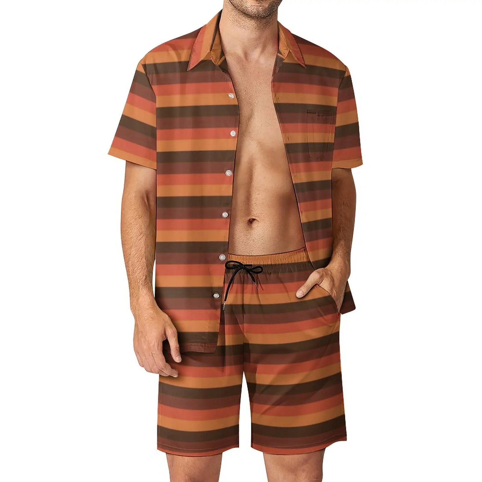 

Cool Retro 70S Print Men Sets Brown Orange Stripes Streetwear Casual Shirt Set Shorts 2 Piece Beachwear Oversize Suit Plus Size