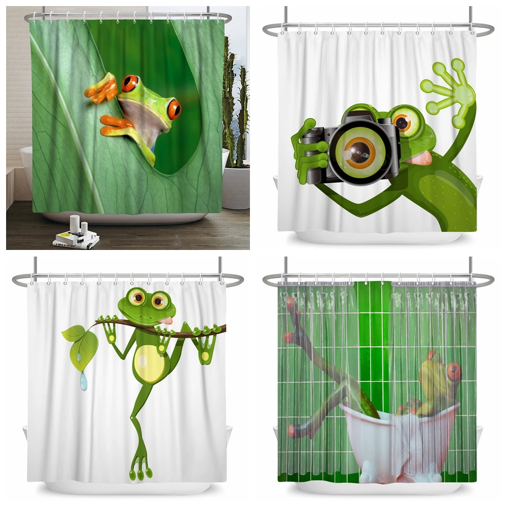 Funny Frog Cartoon Shower Curtain Sets Leaf Animal Creative Children Bathroom Decor Waterproof Fabric Home Hooks Bath Curtains