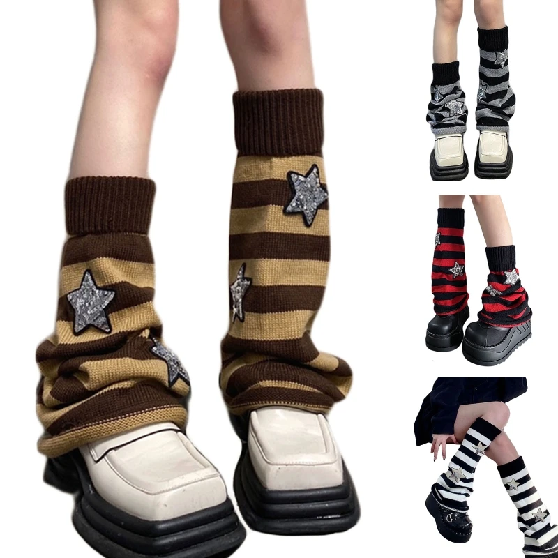 

Harajuku Women Leg Warmers Socks Japanese Gothic Striped Sequins Star Long Socks
