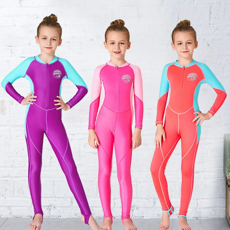 

2023 Children's Quick-Drying One Piece Suit Summer Training Zipper Kids Girls Boys Swimmer Long Sleeve Big Size Surf Teenage Set