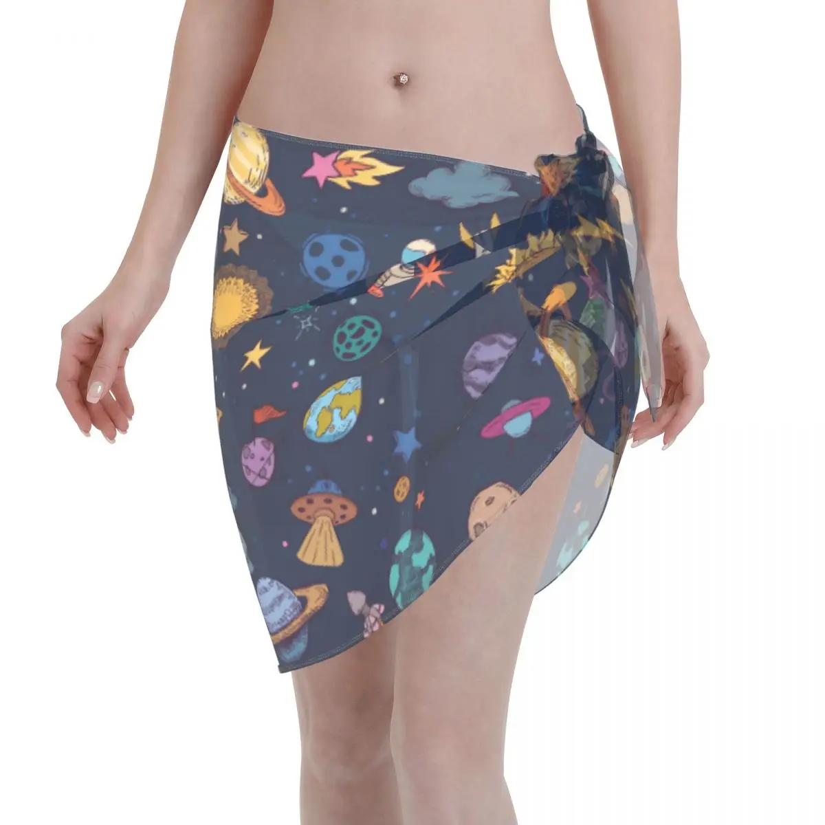 

Space Planets Universe Doodle Ufo Summer Women Coverups Beach Bikini Wrap Sheer Short Skirt Scarf Cover Ups for Swimwear