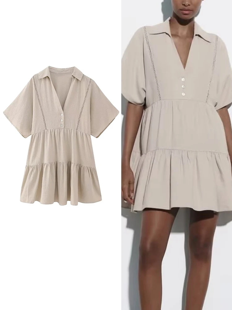 

TRAF Summer New Women Solid Mini Dress 2023 Female Lantern Short Sleeve Lapel Single Breasted Elegant A-line Loose Dress
