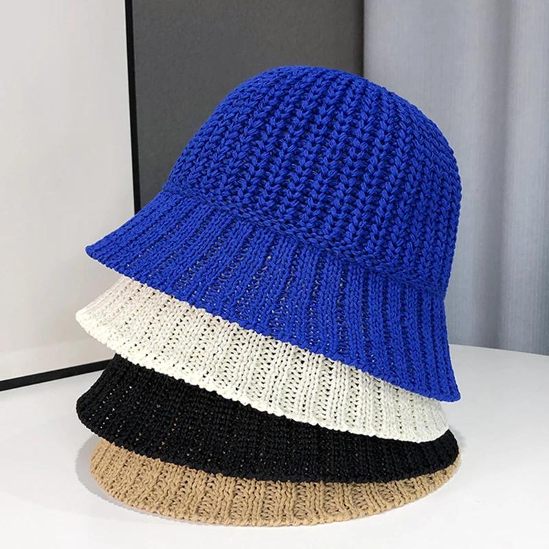 Black breathable knitted Bucket Hat Women fashion solid  basin hat 2022 summer thin fisherman hat retro leisure sunshade hat