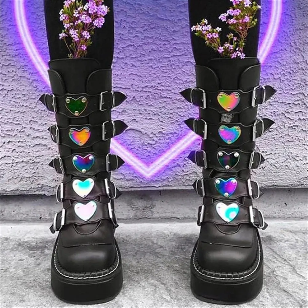 

Женские ботинки на платформе, роскошные брендовые ботинки в готическом стиле, с пряжкой в форме сердца, обувь на танкетке и высоком каблуке, ...