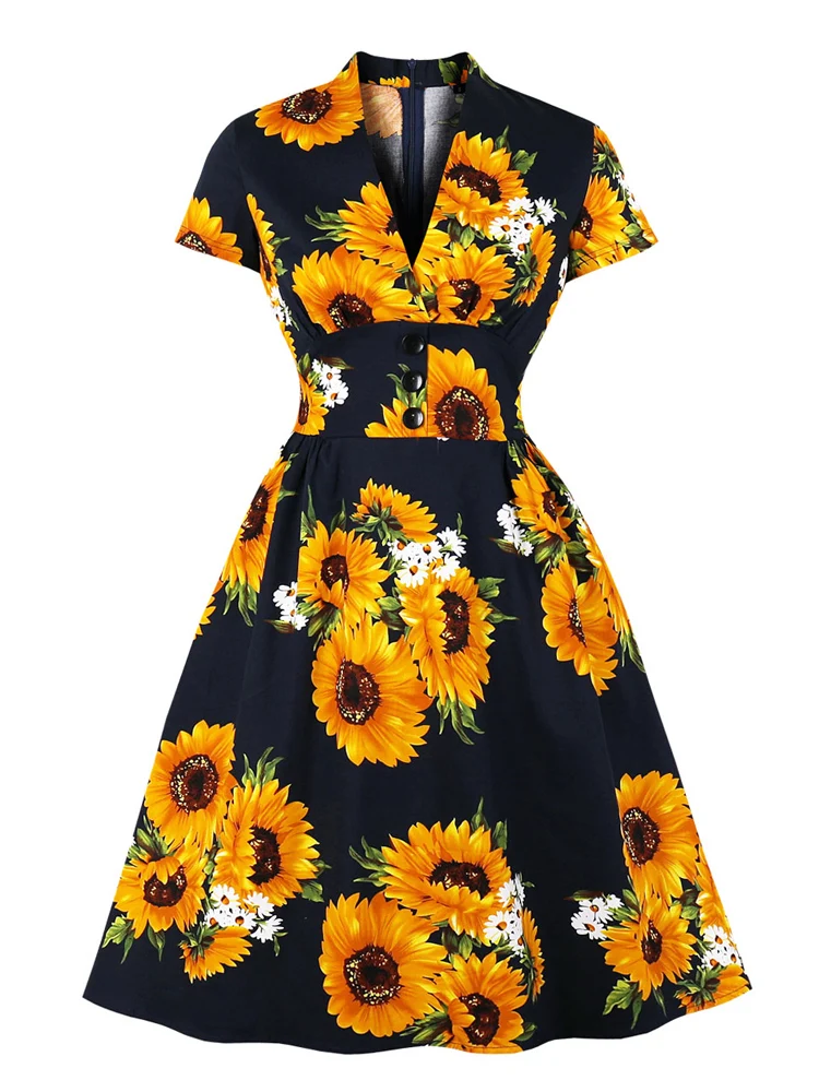 

Sunflower Floral V Neck 50s Retro Party Dress Women Robe Slim Elegant Button Flare Robe De Cocktail Cotton Pinup Vintage Dresses