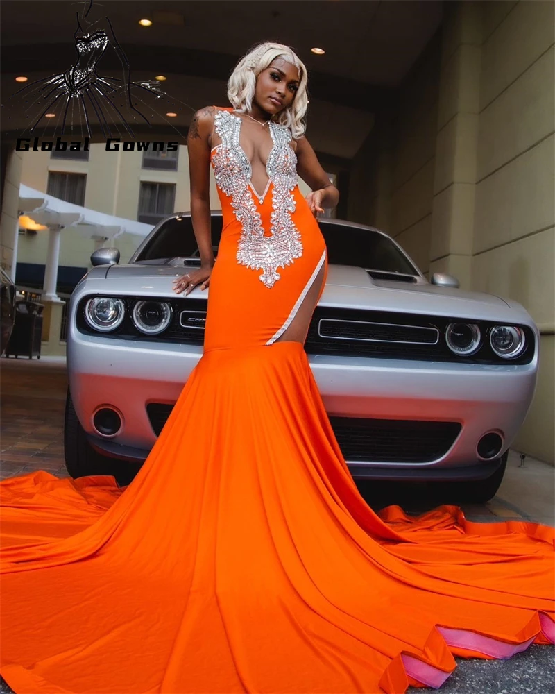 

Orange Sheer O Neck Long Prom Dress For Black Girls 2023 Beaded Crystal Birthday Party Dresses Cut Out Evening Gowns Mermaid Rob