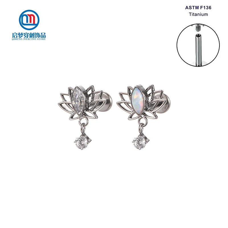 

ASTM F136 Titanium Internal Thread Lotus Dangling Labret Earrings Cartilage Helix Tragus Body Piercing Jewelry