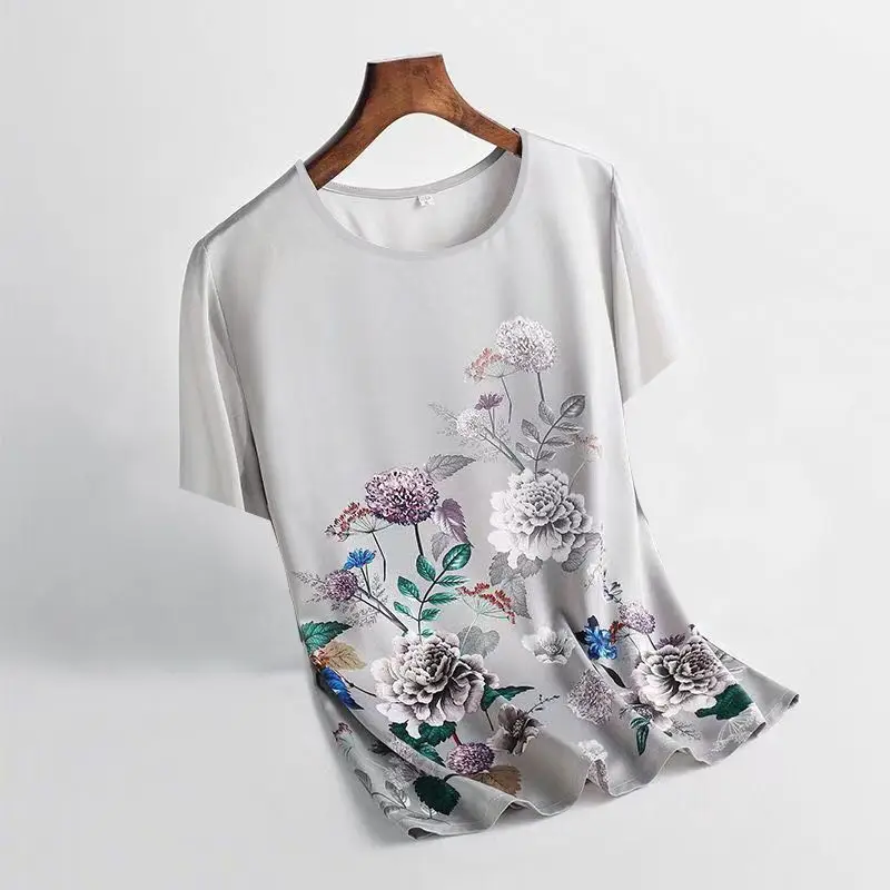 Commute Casual Thin Short Sleeve Printed T-shirt for Female 2023 Summer Vintage All-match Loose Round Neck Tops Women's Clothing