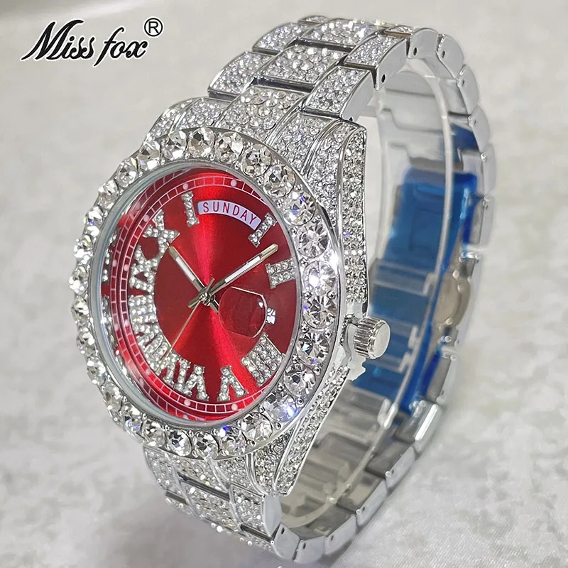 

Hip Hop Brand MISSFOX Luxury Diamond Watch For Men Fashion Red Waterproof Wrist Watches Automatic Date Week Clocks Male Gift Hot