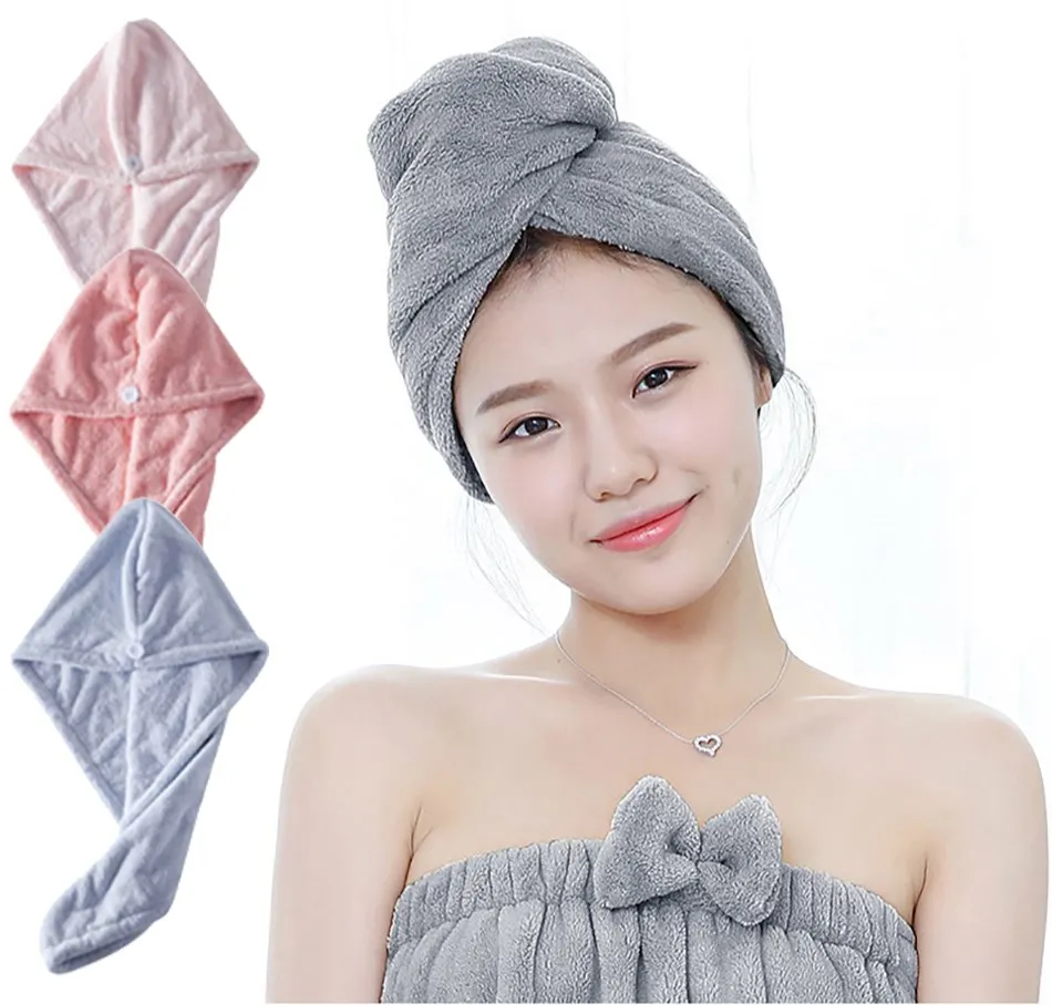 

Microfiber Hair Towel Wrap Super Absorbent Twist Turban Long Curly Fast Drying Hair Caps with Buttons Solid Color 65x25cm
