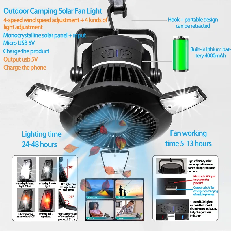 

Outdoor LED Portable Light USB Charging Solar Camping Fan Camping Light Adjustable Multi Function To Charge Mobile Phone