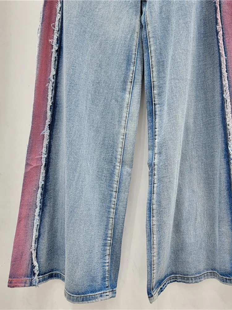 DEAT Женские джинсы с высокой талией свободные лоскутные брюки контрастного цвета
