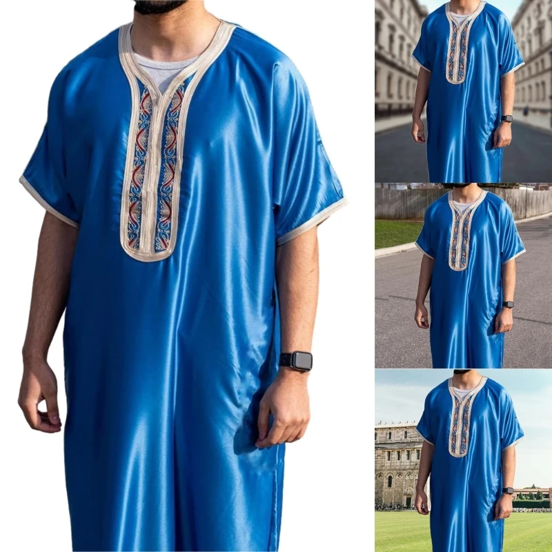 Мужские мусульманские халаты с коротким рукавом Исламский Ближний Восток Дубай Thobe Саудовская Аравия Этнический кафтан макси