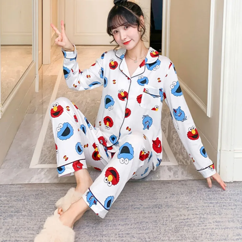 Spring Print Womens Home Wear Pink Long Sleeve Pocket Sweet Pajamas Sets Female Sleepwear Autumn Casual Ladies Home Clothes