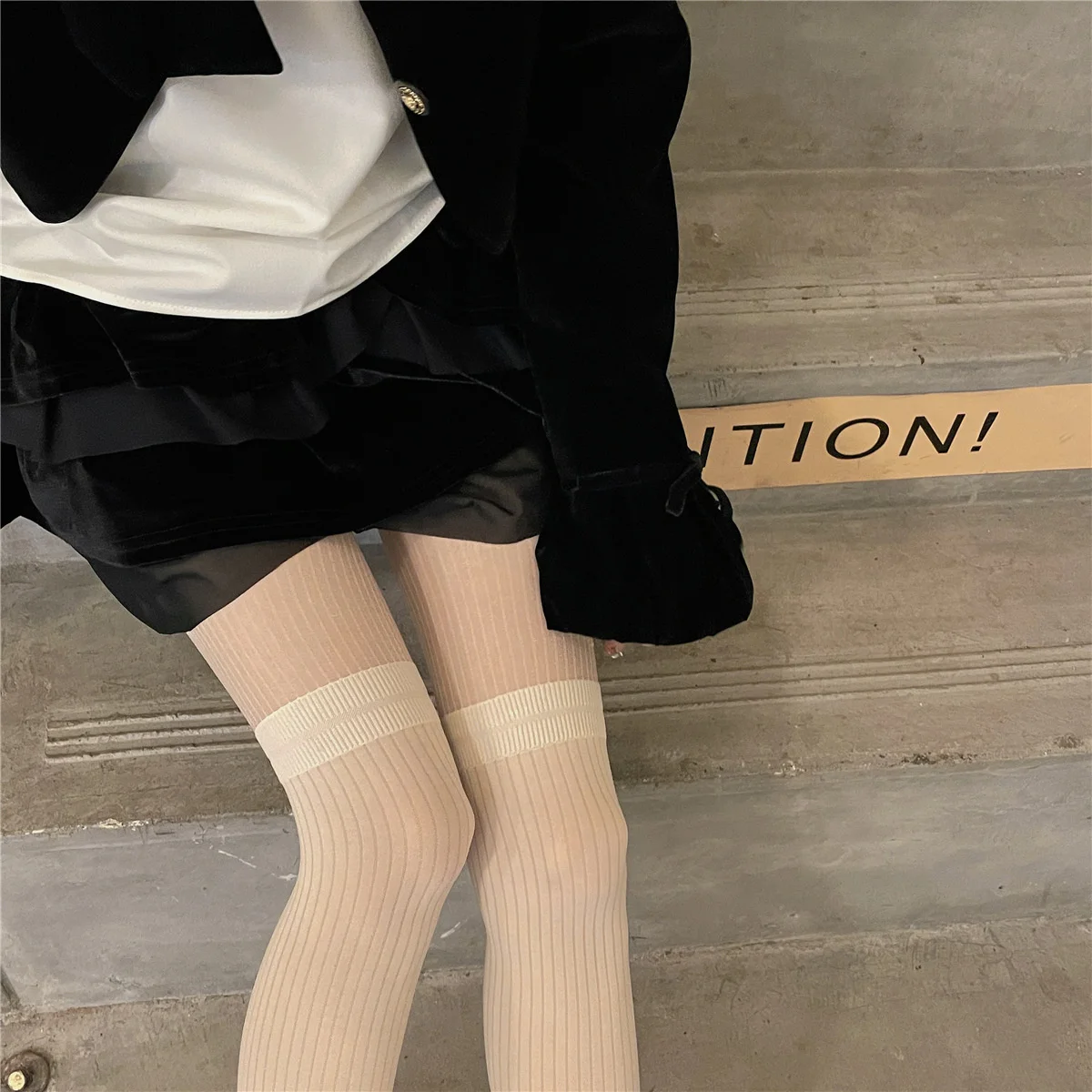 Spliced Vertical Stripes Show Thin Silk Socks Milk White JK Lolita False High Sleeve Pantyhose Female