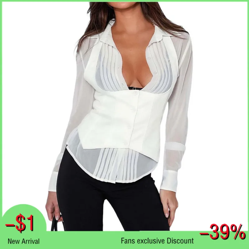 

Женские футболки, сексуальная модная Просвечивающая одежда на весну и осень 2022, Однотонная рубашка с длинным рукавом и лацканами, облегающи...