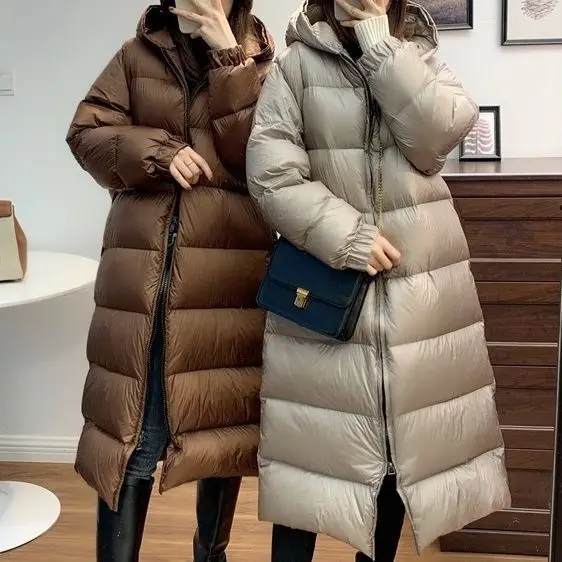 

Women's Long Hooded White Duck Down Parka Winter Over-the -knee Loose Windproof Straight Thicken Warmth Overwear Coat O74