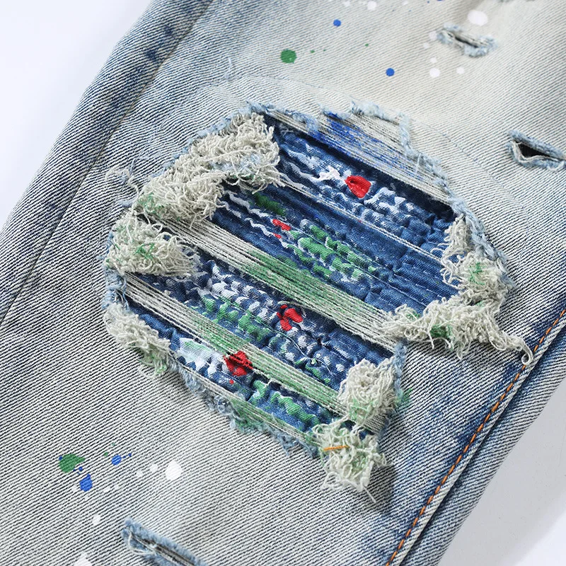 High Street New Design Men's Jeans Fashion Blue Pleated patch Ripped Jeans Casual Fashion Slim Small Feet Patchwork Denim Pants