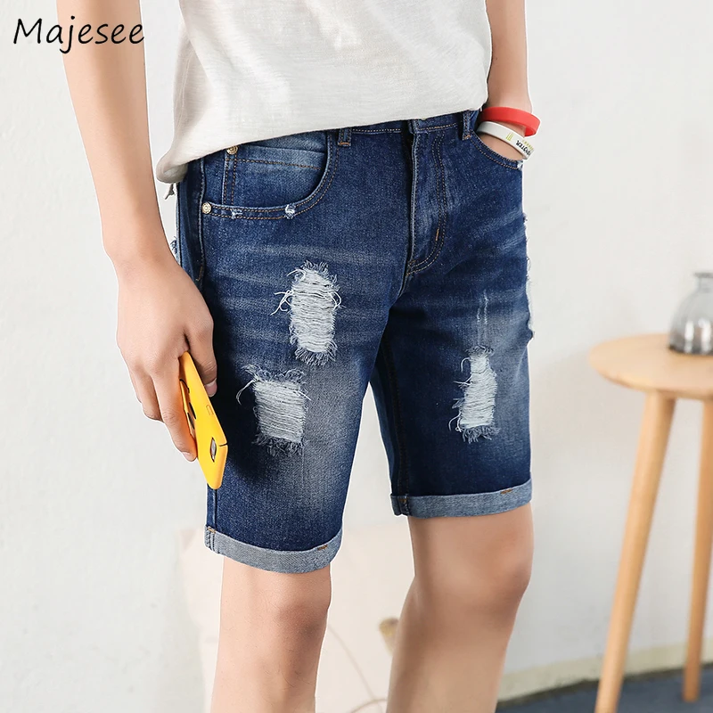 

Men Knee-length Jeans Solid Hole Design Casual Popular Denim Bottoms Summer New All-match Students Korean Style Fashion Oversize