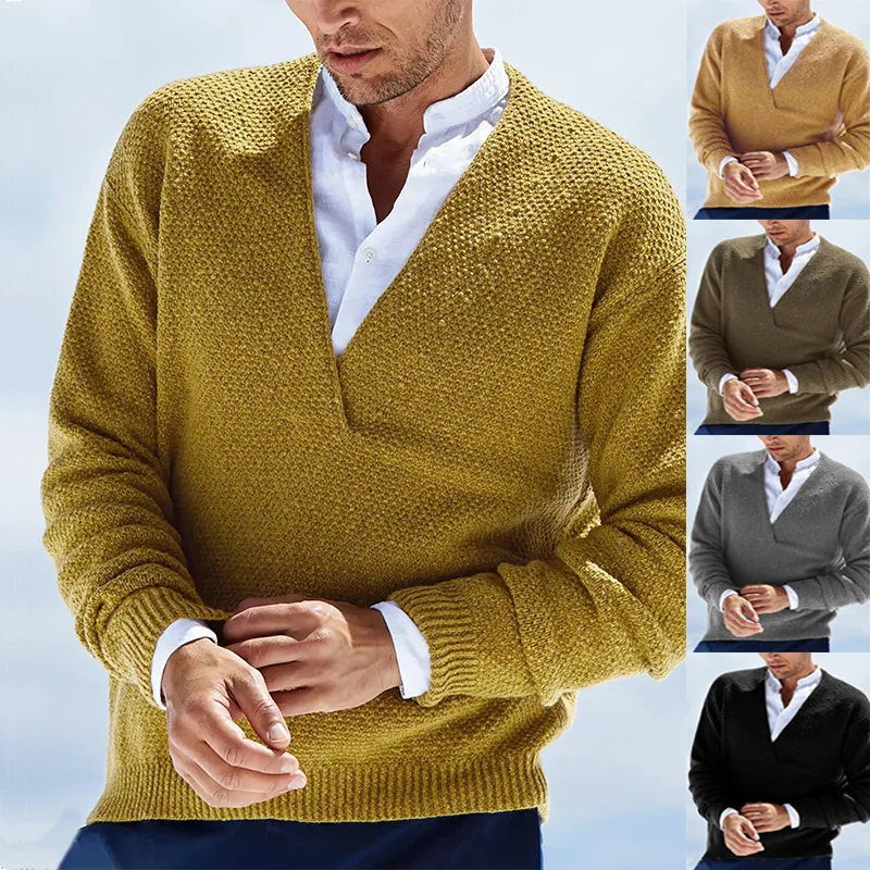 

New 2022 Retro Men's Sweater Pullover Long Sleeve Fashion V-neck Sweater Solid Color Fashion Knitted Male Sweater Clothing