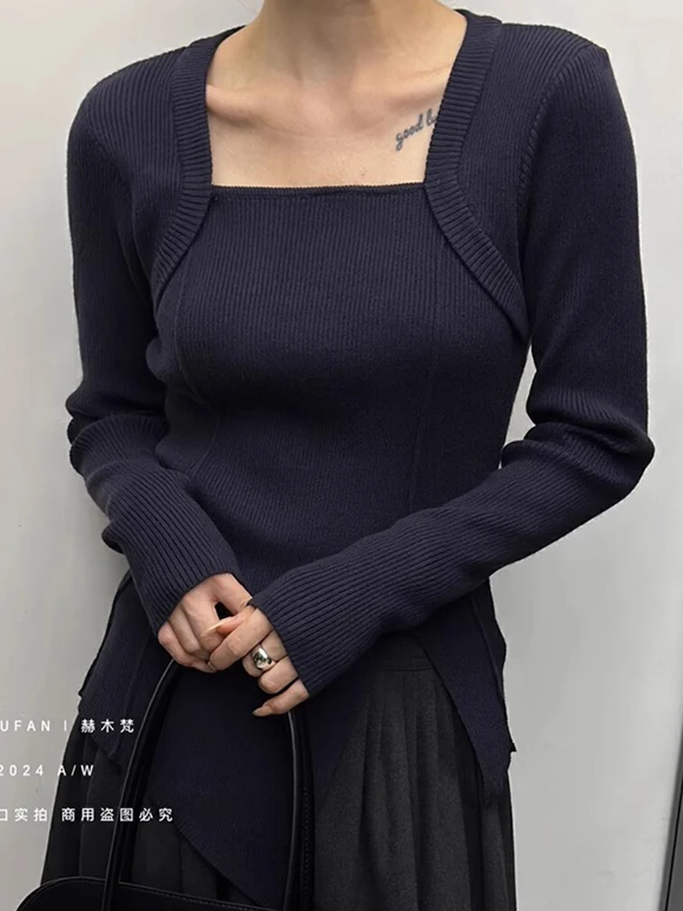 Early Autumn Square Collar Sweater Base Knit Women Inner wear and Winter French sle Irregular Korean Series Wear Chi...