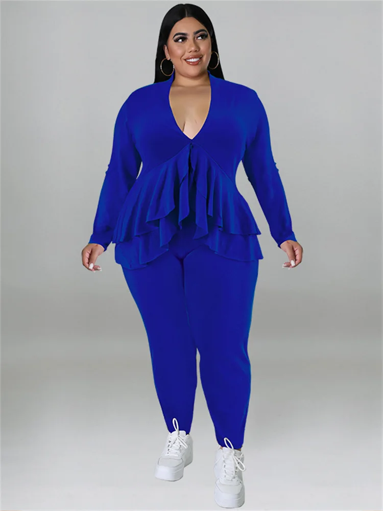 Plus Size Two Piece Outfits Women v Neck Ruffles Hem Top Leggings Sets Solid Stretch Tracksuit Wholesa 3xl 4xl 5xl 6xl