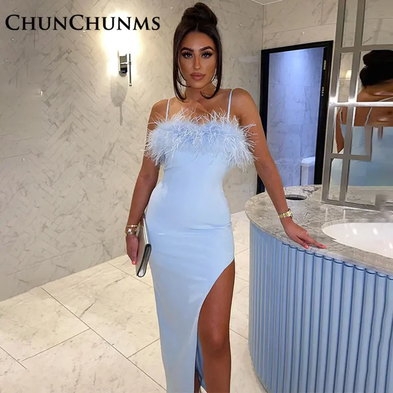 

Женское платье без бретелек, длинное облегающее платье на лямках с меховым плюшевым ворсом и разрезом на груди, вечернее платье, 2022