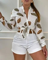 fashion leaf print button up shirt and white shorts casual set summer 2022 new womens two piece set