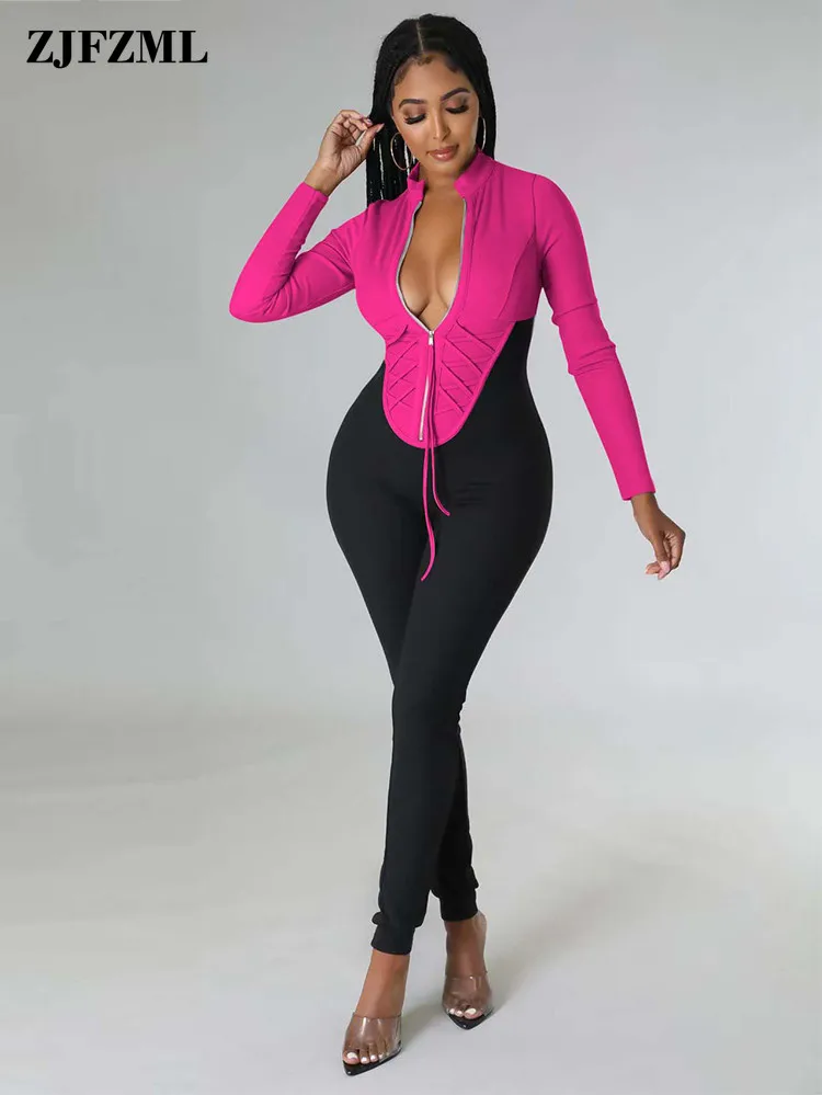 

Color Block Patchwork One Piece Long Jumpsuit Chic Zipper Front Lace Up Drawstring Overalls Streetwear Full Sleeve Skinny Outfit