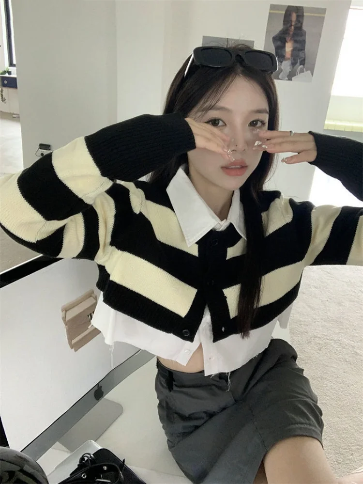 

2023 Autumn Two Pieces Set Vintage Thin Striped Cardigan Sweater + White Shirt Korean Fashion Y2k Sexy Girls Outfits