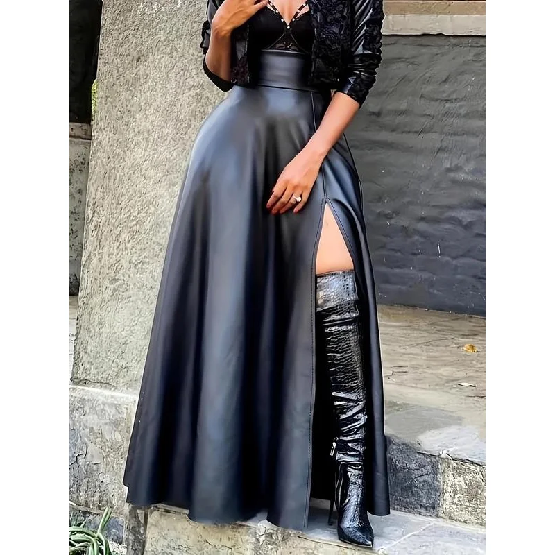Женская однотонная юбка из искусственной кожи с высокой талией и разрезом на