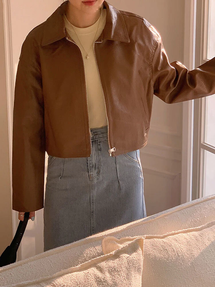 Korean Fashion Elegant Leather Jacket Women Winter Streetwear Cropped Faux Fur Coat High Street Vintage Moto Biker Zipper Jacket