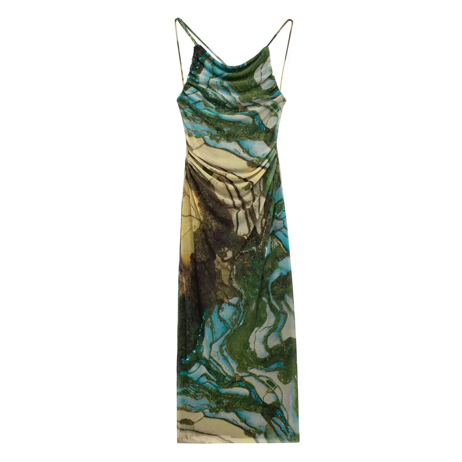 

TRAF Women Summer Fashion Abstract Print Backless Hollow Out Mesh Midi Dress Female Chic Lace Up Halter Slim Beach Vestidos