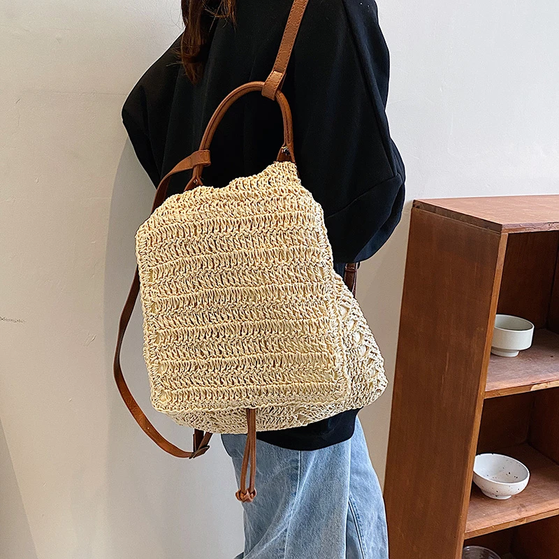 Handmade Woving Women's Backpack Beach Shoulder Bag For Ladies Designer Straw Handbag Travel Anti Theft Backbag Crossbody Purse