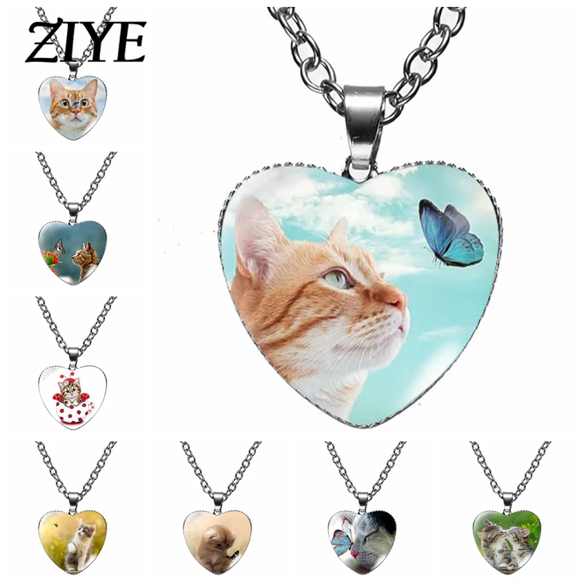 

Fashion Cute Cat Kittens Heart Necklace Animals Glass Cabochon Pendant Necklace Woman Child Pets Lovers Jewelry Accessorie Gifts