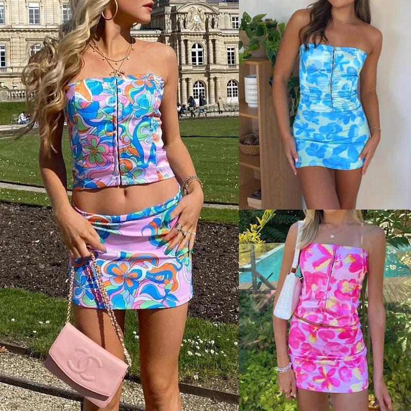 

2022 Aesthetic Vintage Boho Floral Corset Strapless Crop Tops and Mini Skirts Two Pieces Sets Summer Sexy Club Sweet Girl Ladies