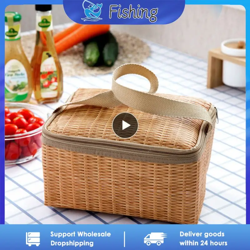 Portable Wicker Rattan Outdoor Picnic Bag Waterproof Tableware Insulated Thermal Cooler Food Container Basket for Camping