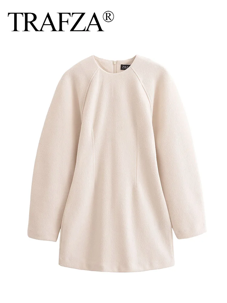 TRAFZA Autumn New Fashion Dresses Woman Trendy Solid Long Lantern Sleeves Zipper Female Chic Holiday Style Loose Mini Dress