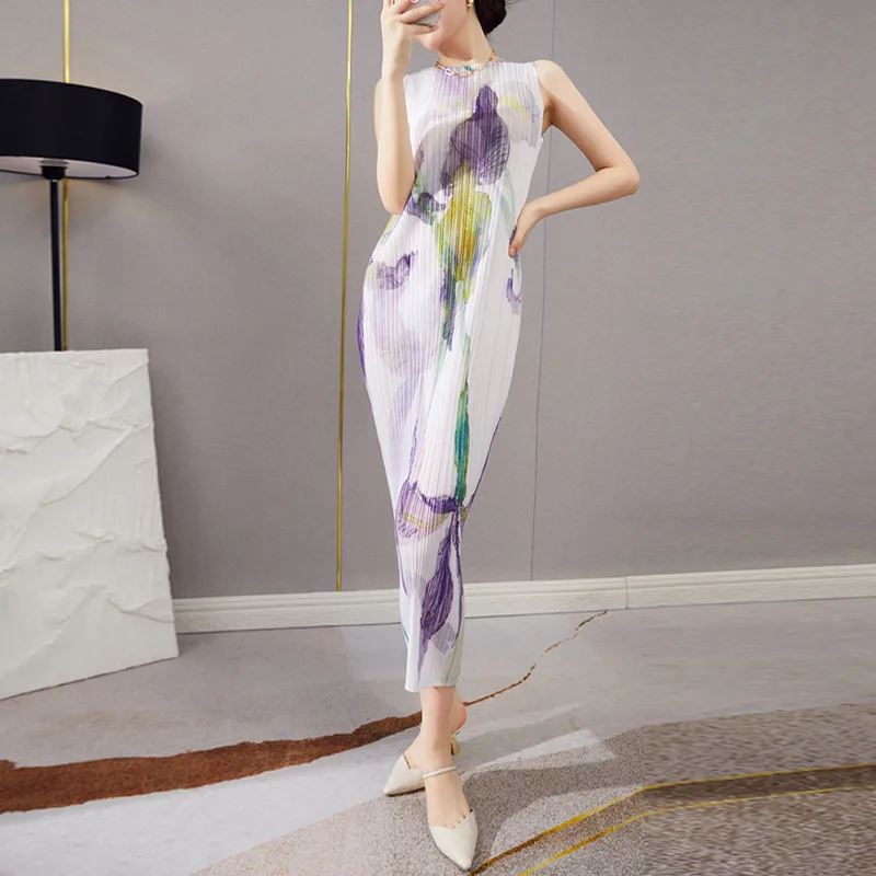 Miyake Pleated Dress Summer For Women 45-75kg 2022 New Vintage Printed Round Neck Sleeveless Elastic Slimming Straight Dresses