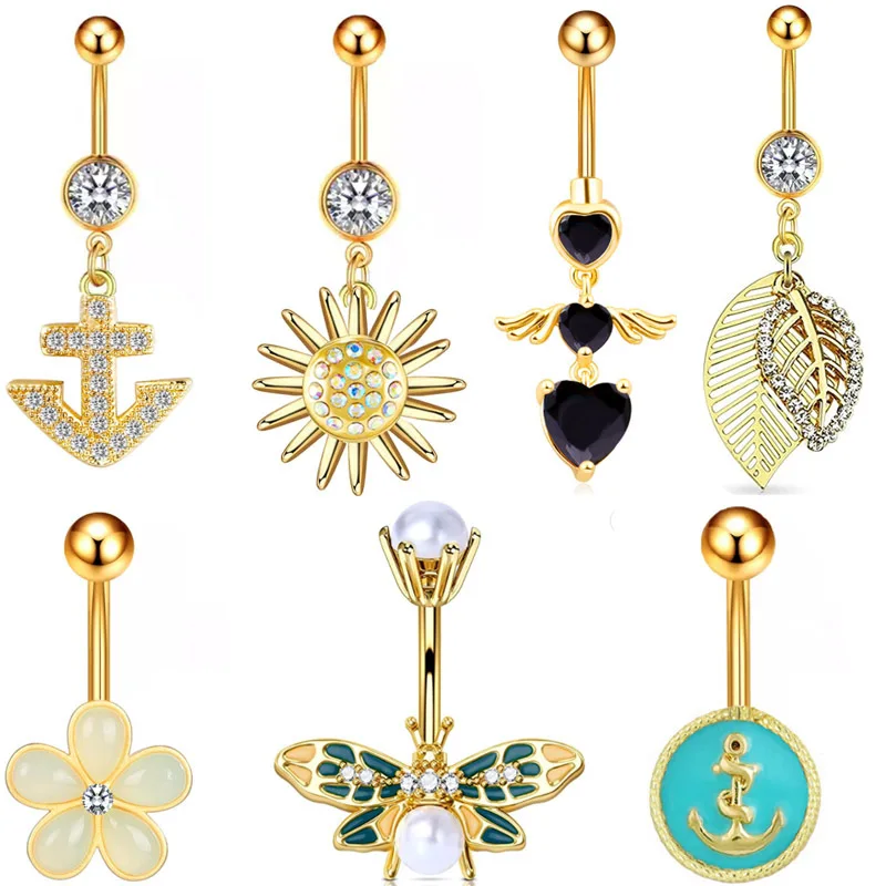 

1PCS Flower Belly Button Navel Piercing Jewelry Body Piercing Boat Anchor Heart Bars Dangle Belly Piercing Ombligo Women Jewelry