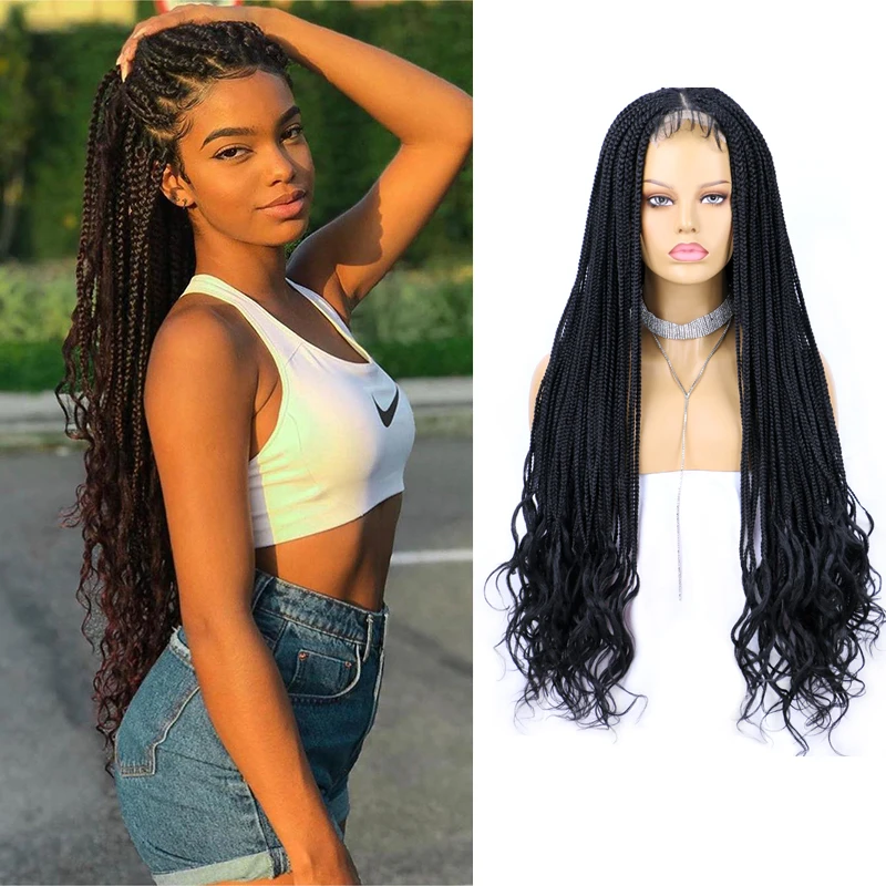 Braided Lace Front Wigs With Curly End 32 Inches Synthetic Box Braided Wig Natural Color With Baby Hair For Black Women