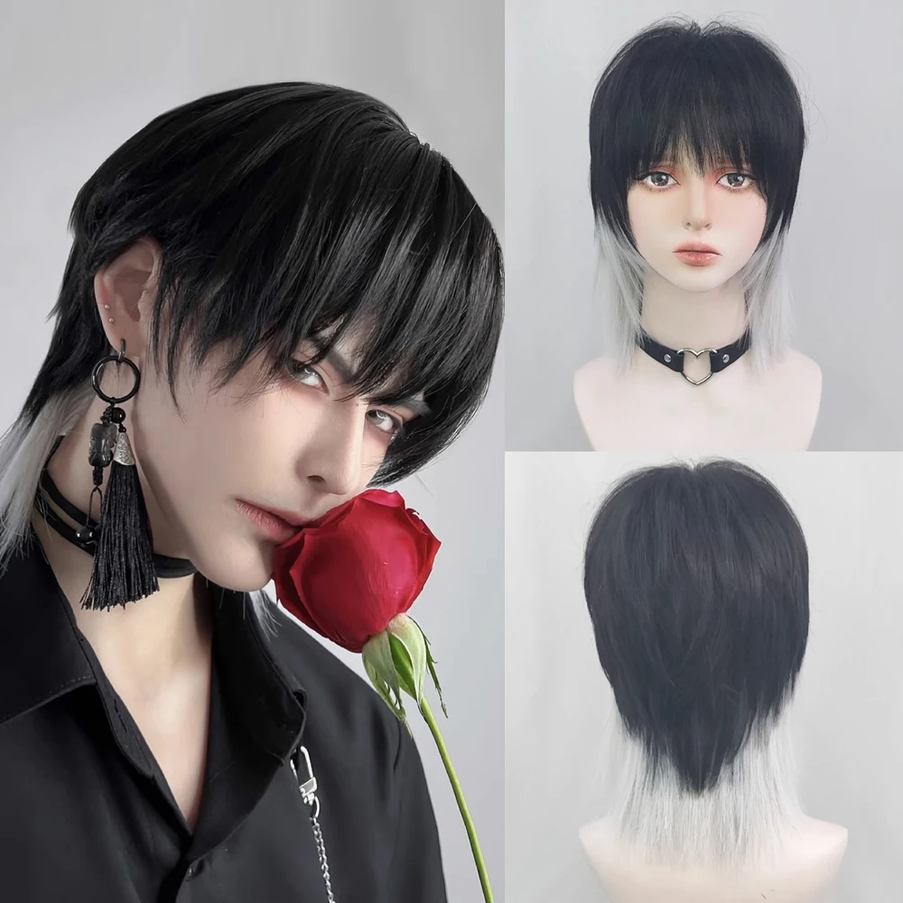 Черный синтетический короткий прямой парик омбре с многослойной головой челкой