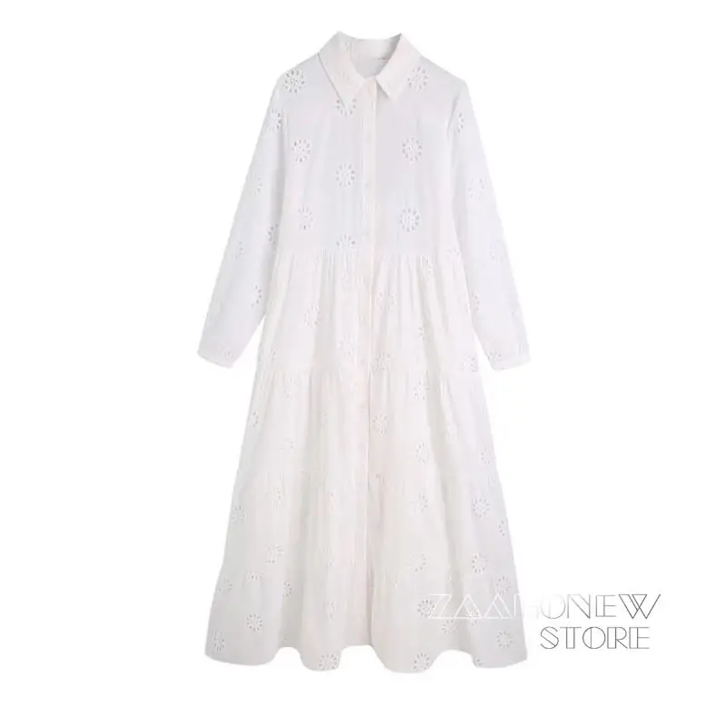 

ZAAHONEW 2022 Summer Women Vintage Fashion Long Sleeve Dress Female Casual Elegant Hollow Embroidery Midi Dresses