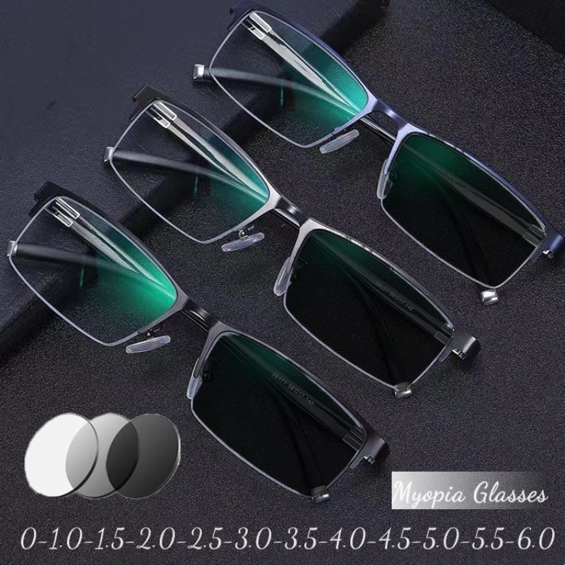 

Women Men's Vintage Photochromic Myopia Glasses Business Style Half Frame Anti-blue Eyewear Multifunction Short-sight Eyeglasses